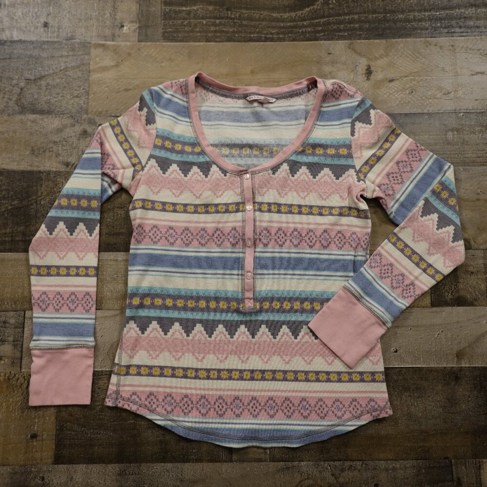 Victoria’s Secret Thermal Henley Top Women’s Medium Pink Blue Fair Isle Knit